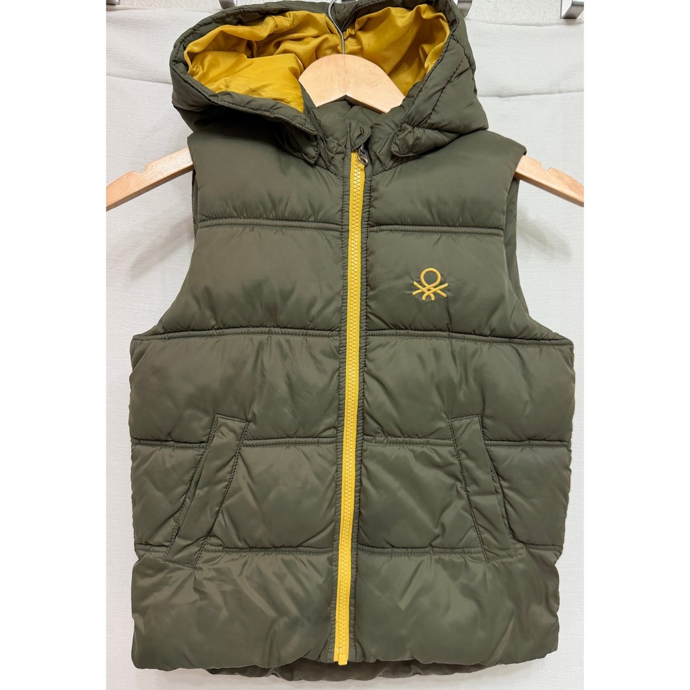 United Colors of Benetton Kids Hooded Puffer Vest Olive Green Yellow Size 6-7